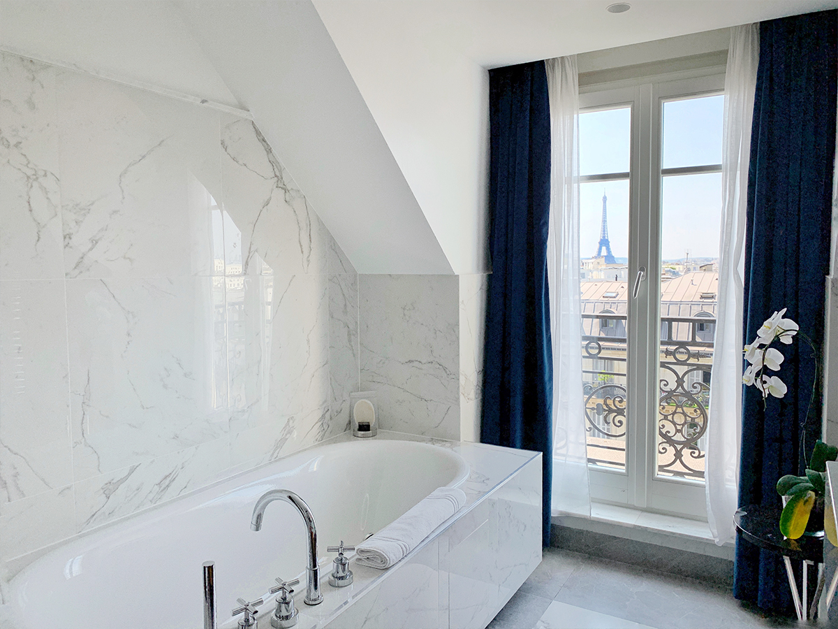 Hyatt Paris Madeleine Eiffel Tower suite bathroom view